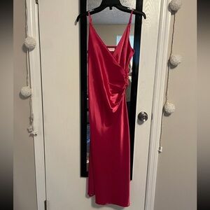 Hot pink satin midi dress